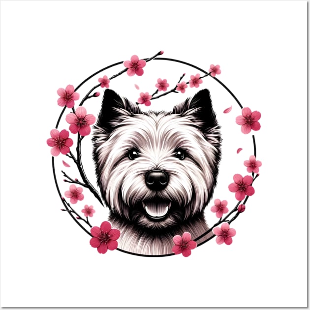 Cairn Terrier Enjoys Spring's Cherry Blossoms Splendor Wall Art by ArtRUs